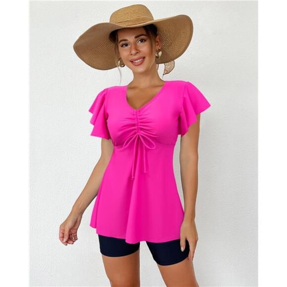 Ruffled Flowy Tankini with Boy Shorts – Tummy Control Two-Piece Swimsuit - Picture 3 of 7